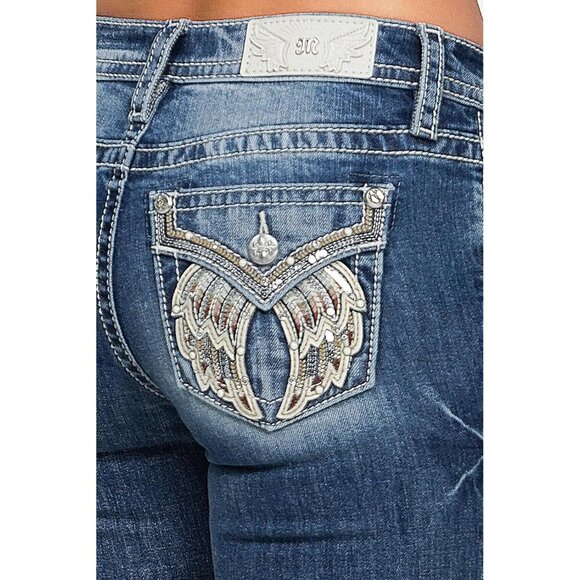 Women's Faux Flap Pockets Bootcut Jeans Mid-Rise Embellished Rhinestones - Picture 4 of 4